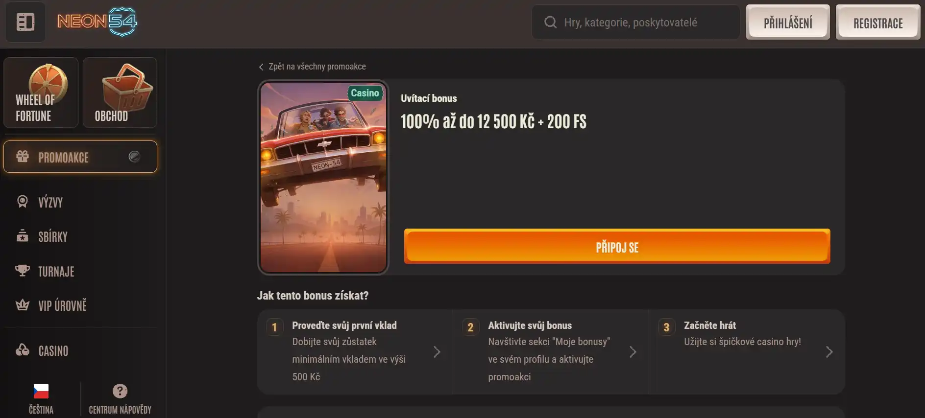 Neon54 bonus: 100 % až 12 500 Kč + 200 free spinů