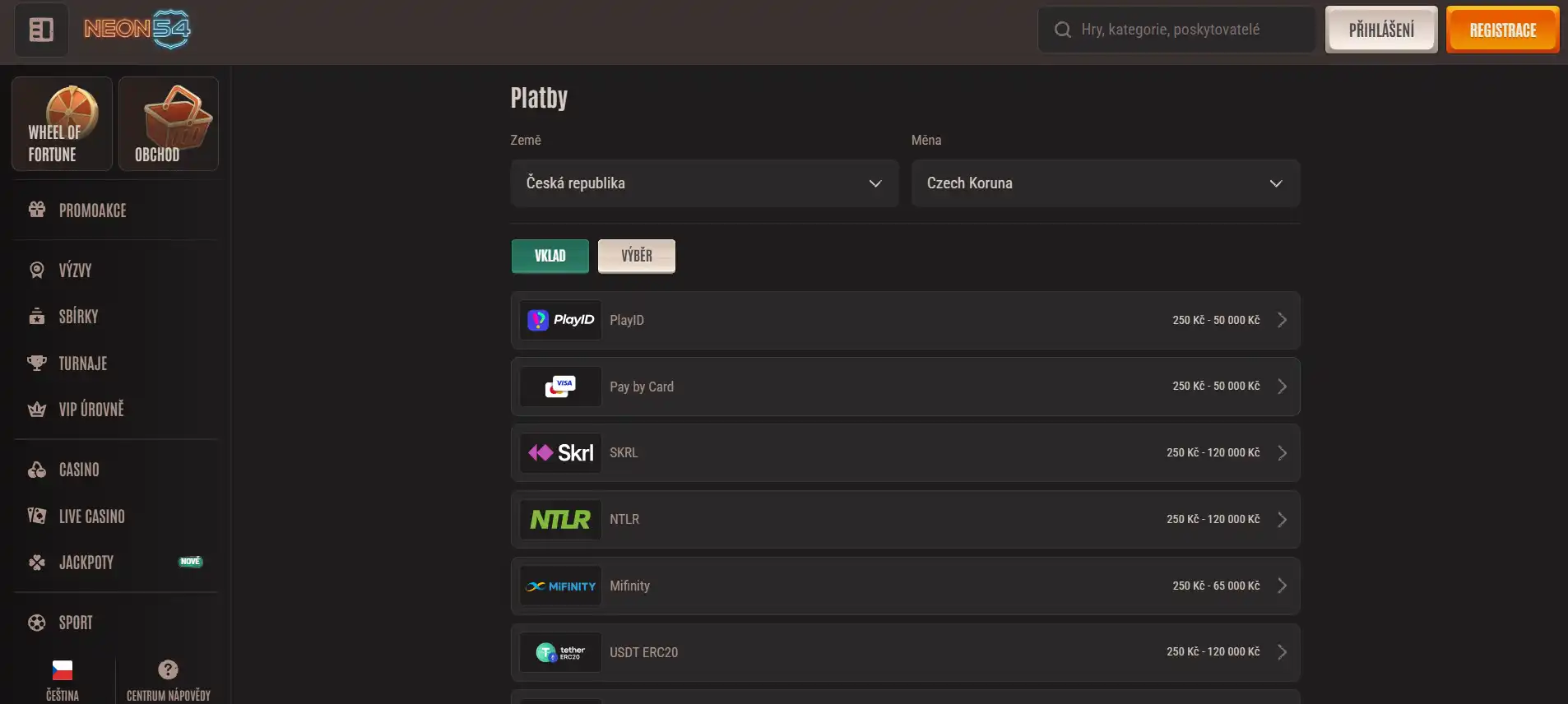 Neon54 platby: vklady, výběry a CZK