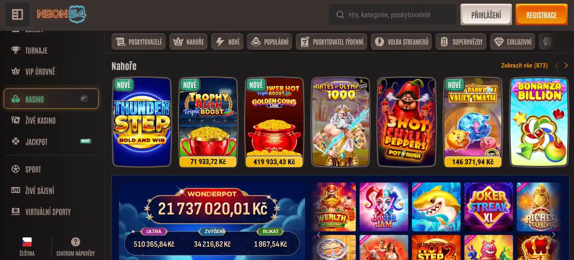 Neon54 hry: automaty, stolní hry a poskytovatelé