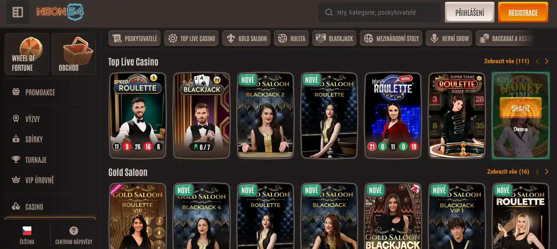 Aktuální Neon54 live casino lobby s živými stoly a kategoriemi