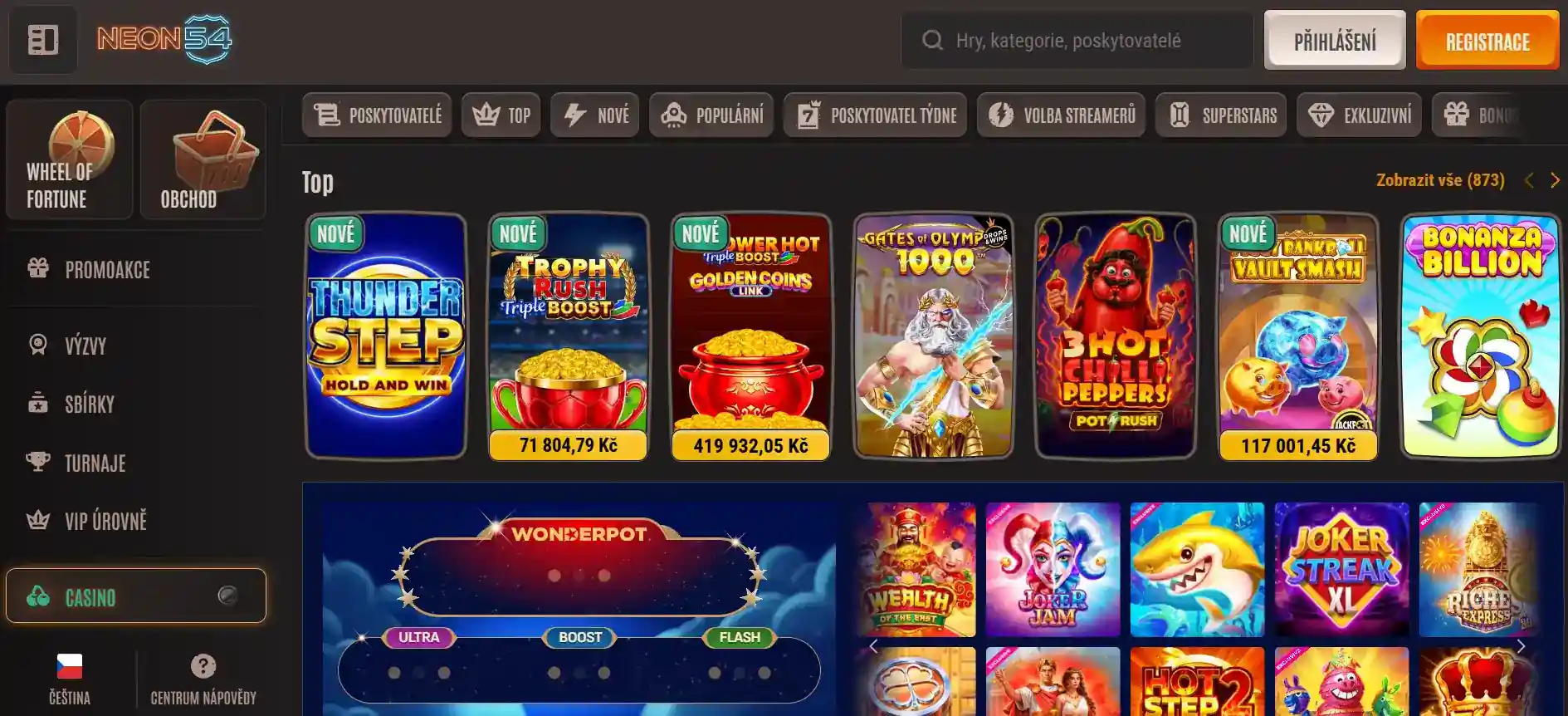 České herní lobby Neon54 s viditelnými kategoriemi casino her